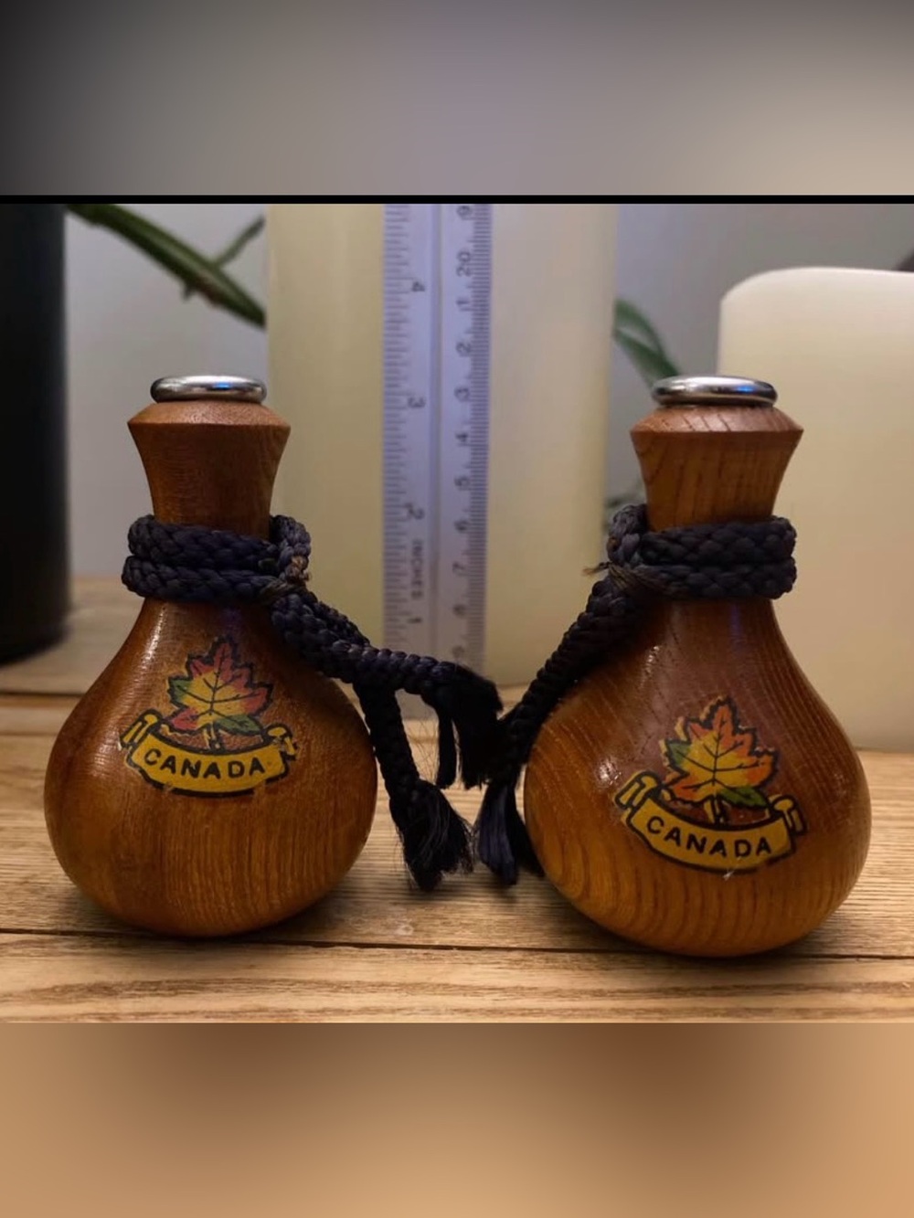 Vintage Wooden Gourd-Shaped Canada Souvenir Salt & Pepper Shakers